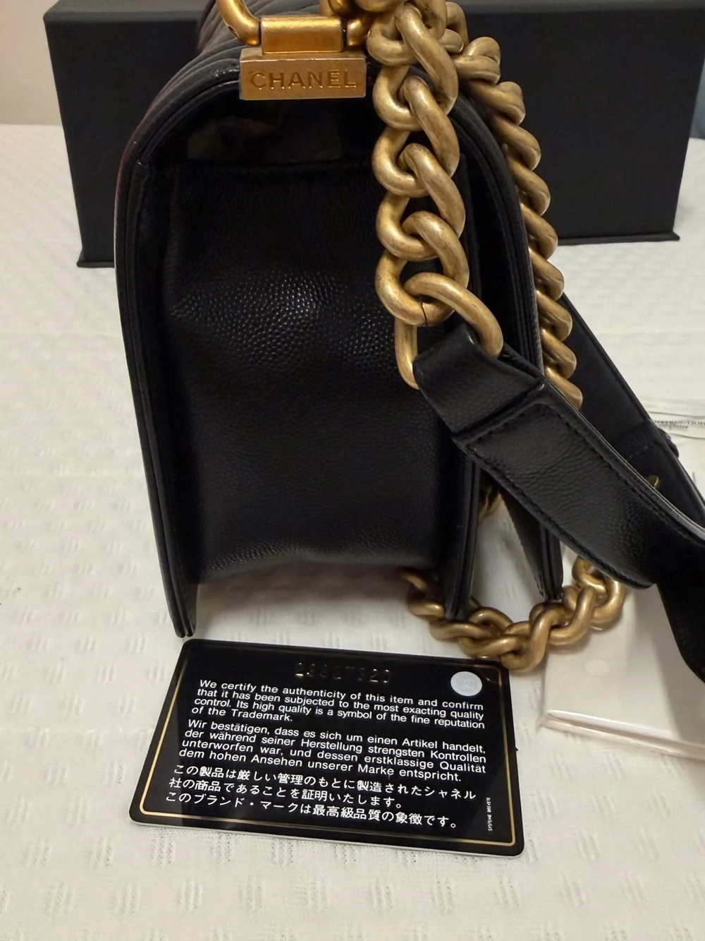 CHANEL Black Quilted Boy Shoulder Bag with Gold Hardware
